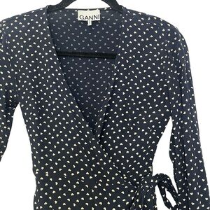 Ganni Scandi Cool Heart Print Wrap Blouse Top EU 36 US Small Navy